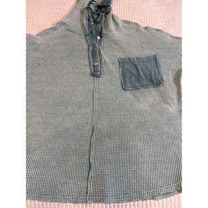 White Birch Womens Sage Green Waffle Knit Henley Hoodie Denim Trim Oversized L